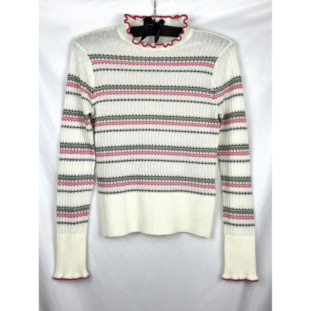 Scotch & Soda Striped Knit Sweater Small White Pink Mock Neck Ruffle Ribbed EUC‎